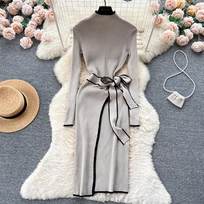 Autumn Winter Elegant Knitted Sheath Party Dress Half High Collar Long Sleeves Bow Split Female Slim Fit Sweater Dresses