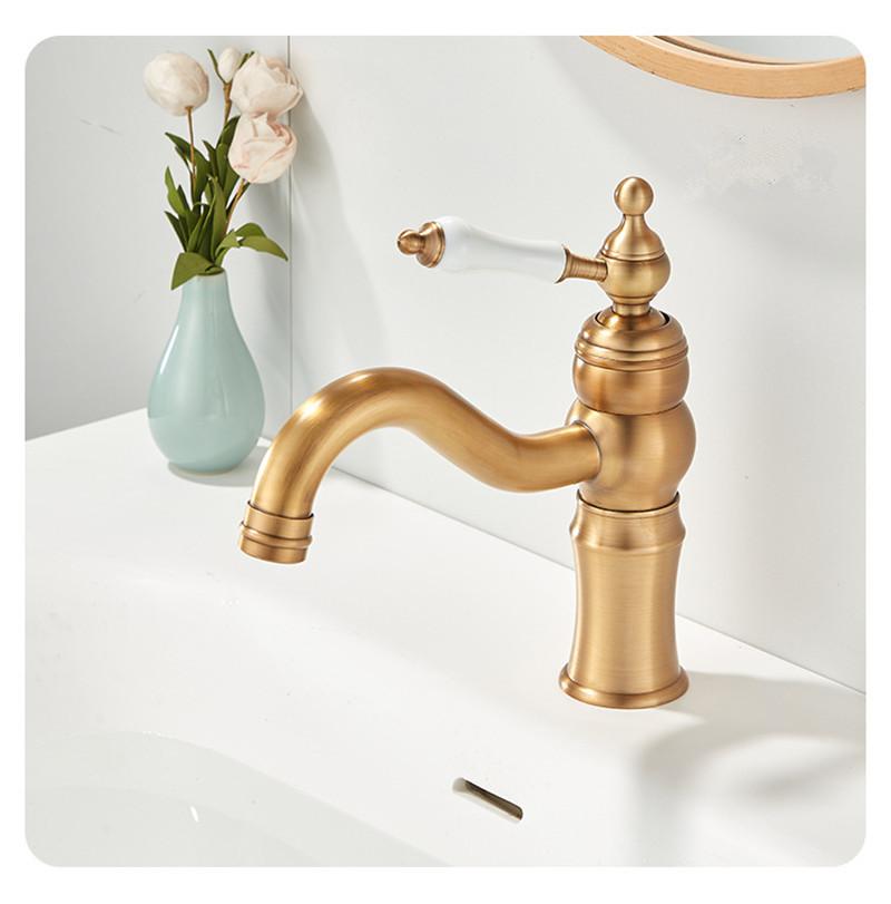 

Tuqiu Золотой смеситель для ванной комнаты, латунный антикварный смеситель для раковины, смеситель для холодной и горячей воды, кран для раковины, одно отверстие для унитаза