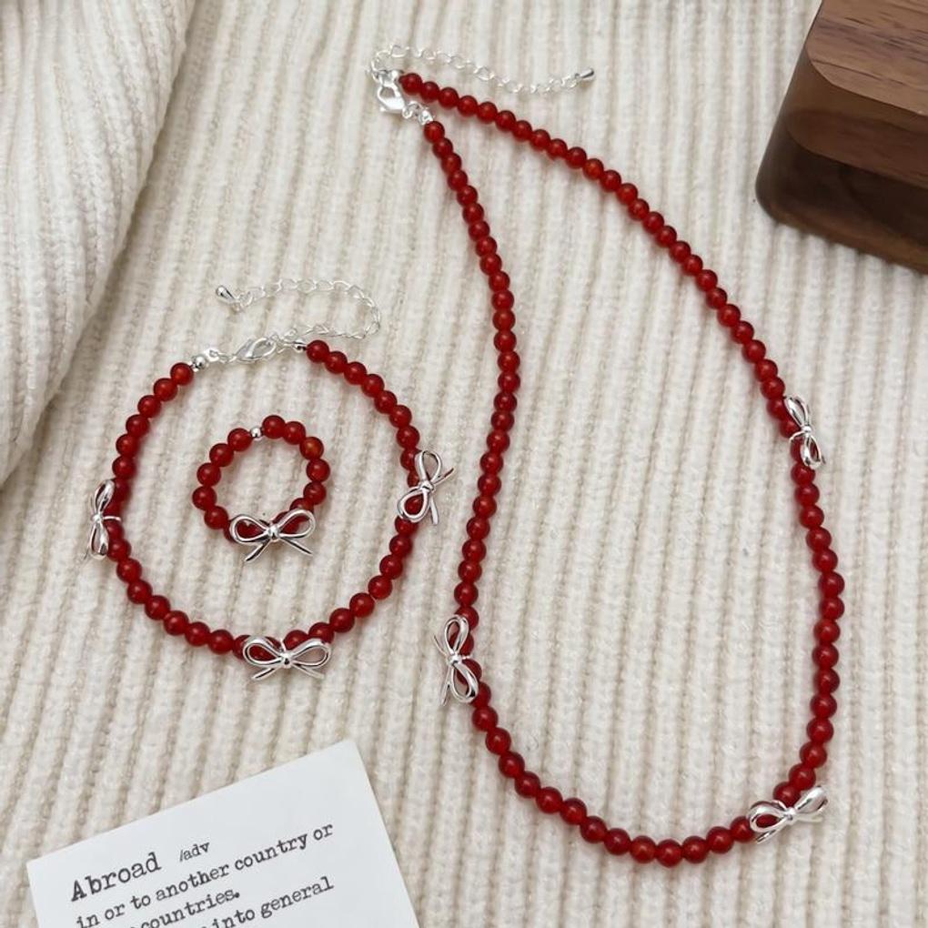 

Women s Red Agate Bead Ribbon Ring Bracelet Necklace necklace
