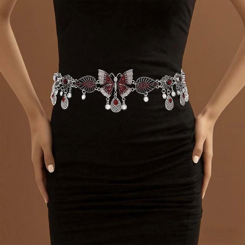 Ethnic Style Metal Retro Coin Waist Chain Women'S Adjustable Dress Waist Seal Love Butterfly Flower Fringed Belt