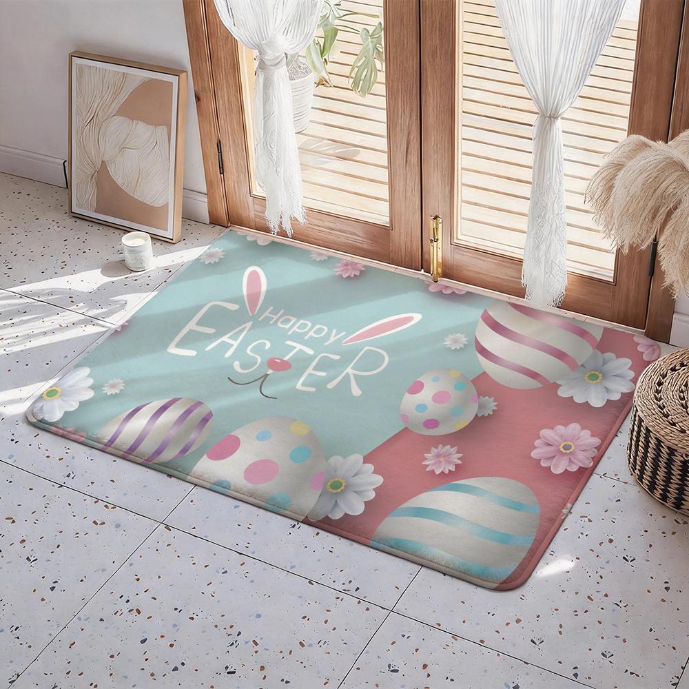 Easter Bunny Cute Eggs Floor Mat Eco Flannel Doormat Non Slip Odorless Indoor Floor Rug Soft Short Plush Home Mat