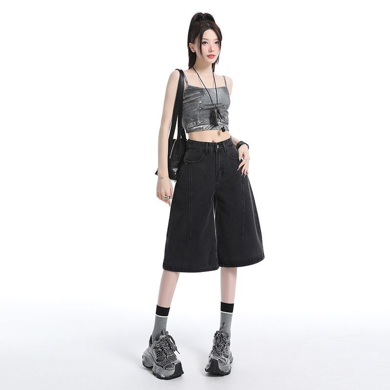 Fashion Summer Black Gray High Street Loose Wide Leg Straight Cropped Capri Denim Pants For Women Trendy Versatile Slimming AllMatch Daily Wear