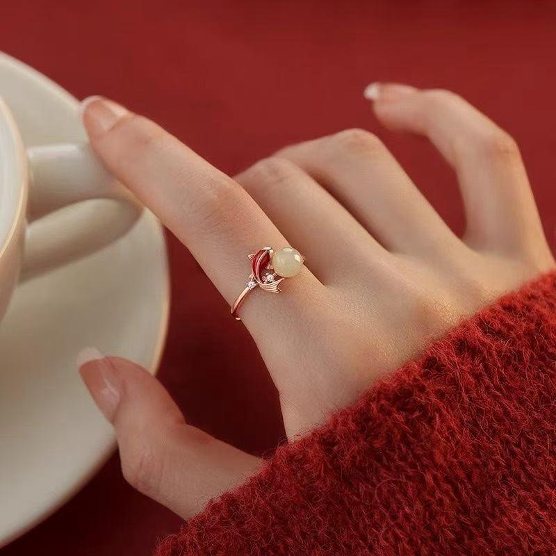 Jade See Koi Ring Women's Light Luxury Niche Premium Sense New Chinese Vegetarian Ring Index Finger Ring Franc Process Plating