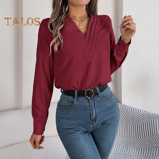 Dámské topy s vrstvami, výstřihem do V a dlouhým rukávem, jednobarevné, volný střih, ležérní topy, prodyšné, pro každodenní nošení