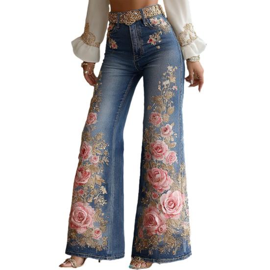 Bell Bottom Jeans for Women 3D Digital Floral Print Stretch Flared Jeans Mid Rise Retro Denim Pants with Pockets