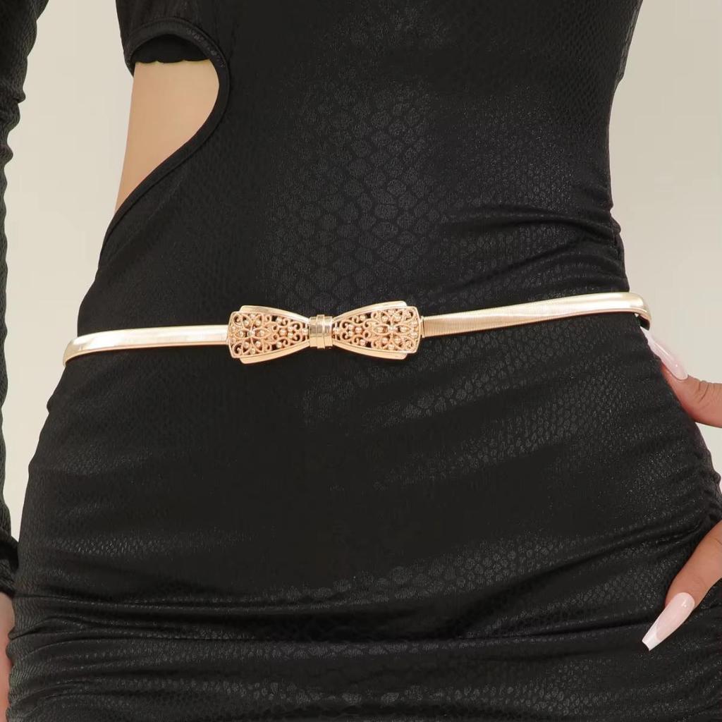 Fashion Metal Hollow Out Carved Bow Women Belts Elastic Skinny Thin Dress Belt Women Ladies Gold Sliver Decor Waist Chain Straps