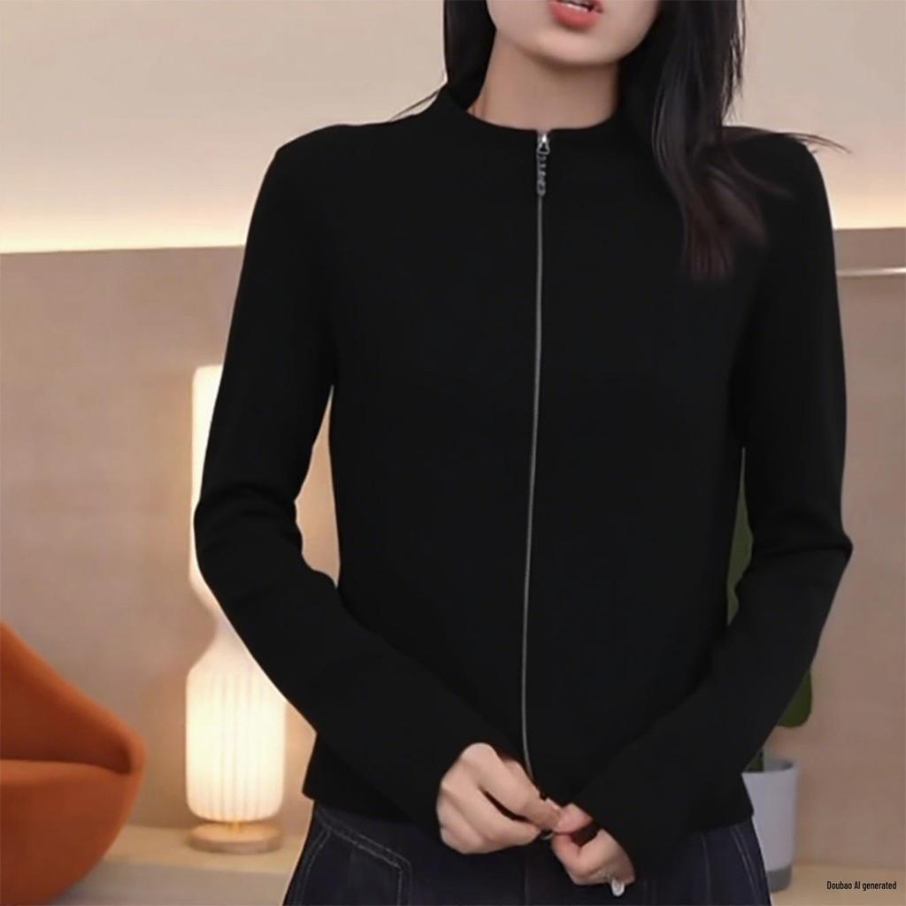 Versatile Women's Stand Collar Slim Fit Double Zipper Jacket - Stylish Long Sleeve T-shirt Cardigan for Autumn/Winter