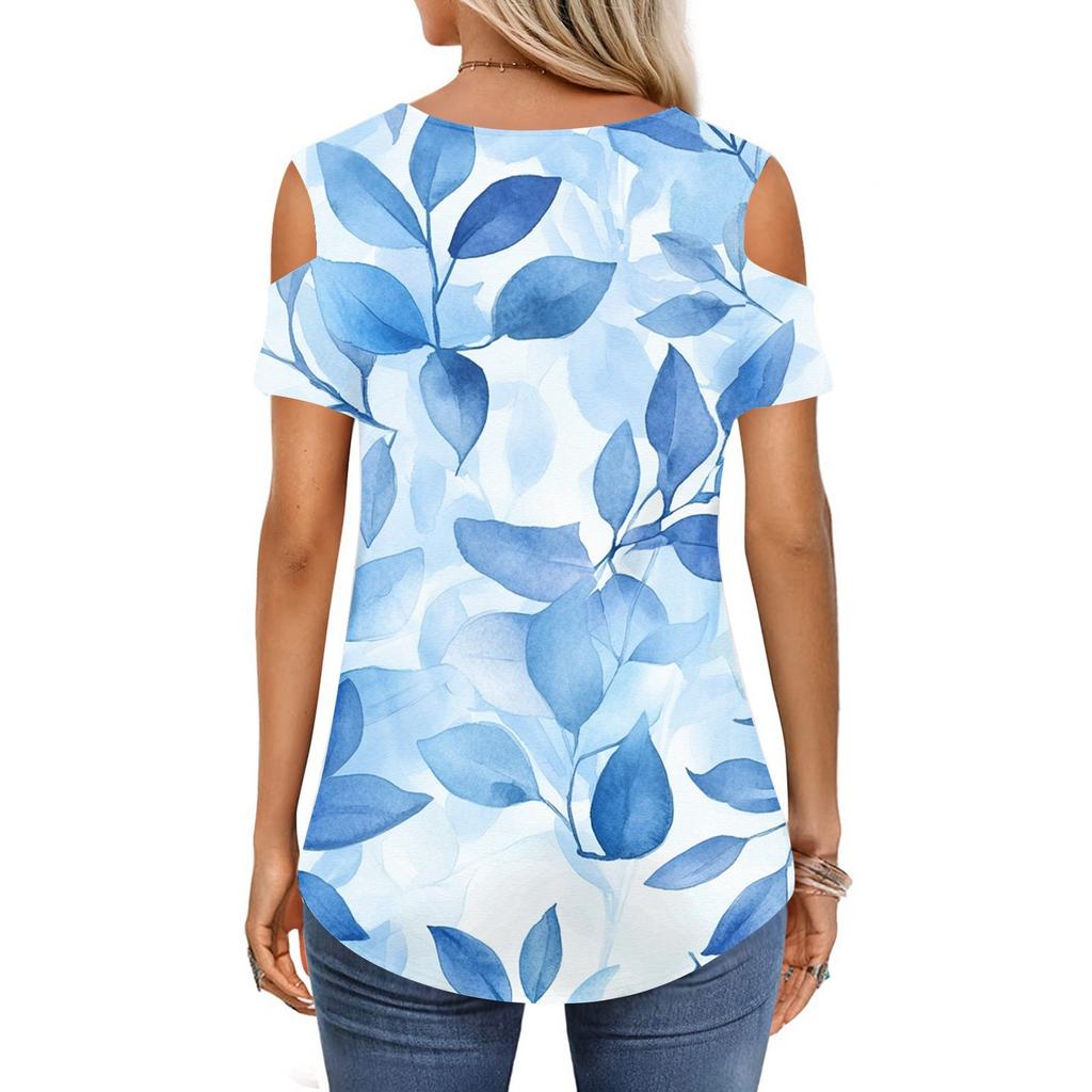 Women's Summer Fashion Casual Floral Print Off-the-shoulder V-neck Short-sleeved T-shirt Top