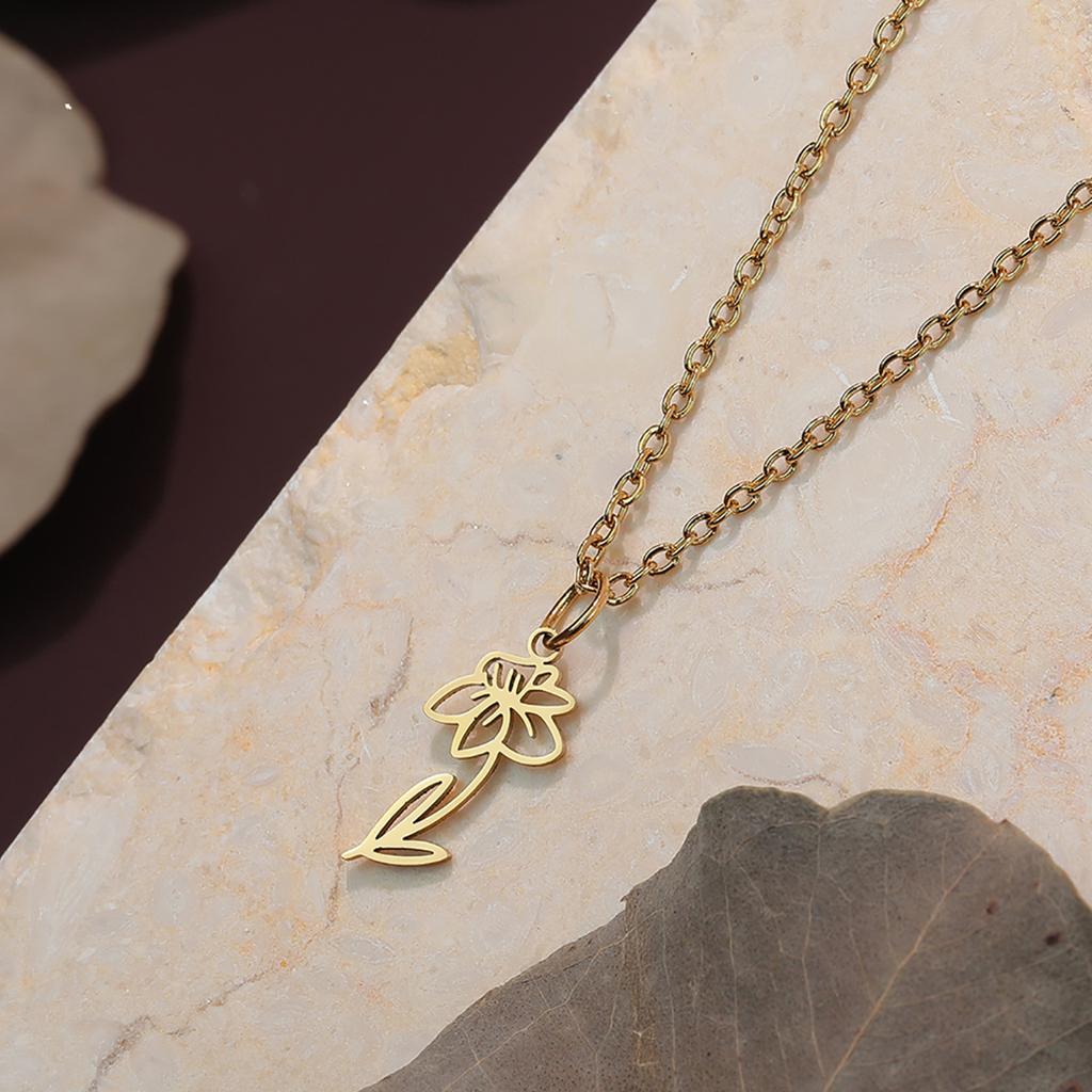 Kinitial Stainless Steel Birth Month Flower Necklace Snowdrop Daisy Rose Pendant Neck Chains Trendy Jewelry Birthday Gift