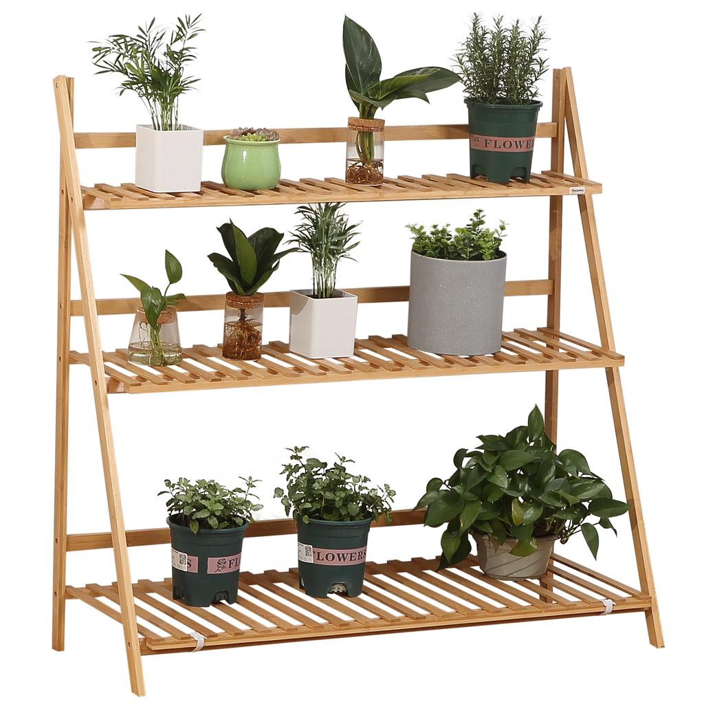 3-Tier Bamboo Outdoor Planter, Raised and Foldable Design, 100x39x97 Cm, Wood Tone