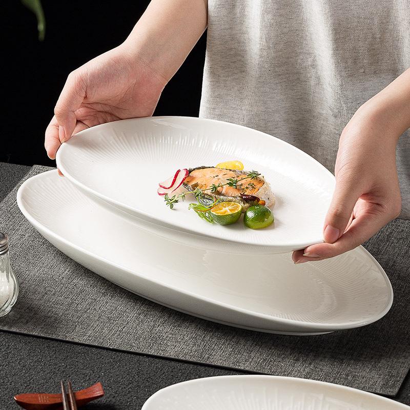 Pure White Household Steamed Fish Plate, Ceramic Oval Seafood Plate, Large Fish Plate, Premium Dish Plate, Hotel Tableware
