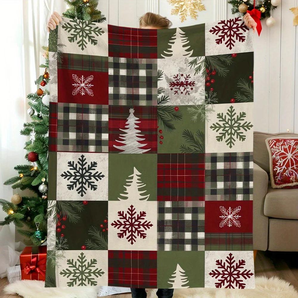 1pc Christmas Patchwork Throw Red & Green Snowflake/Tartan Squares, Cozy Flannel Blanket for Sofa Decor