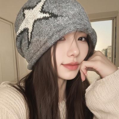 Pile Hat Women's Retro Knitted Bag Hat New Big Head Circumference Confinement Hat Autumn and Winter Ear Protection Cold Hat