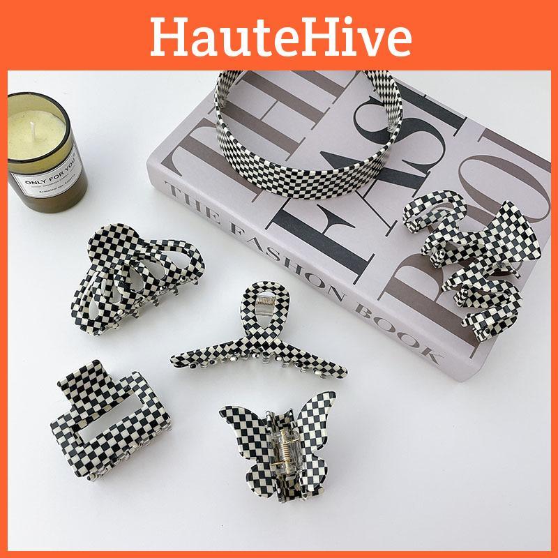 European And American Plaid Series Black And White Acetate Hair Clip Handmade Vintage Headwear For Women