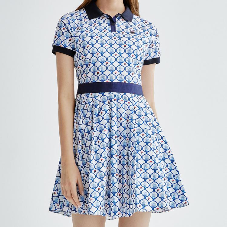 Fila All Over Sailboat Logo Letter Print Short Sleeve Dress Women Dresses White F11W021323F-WT