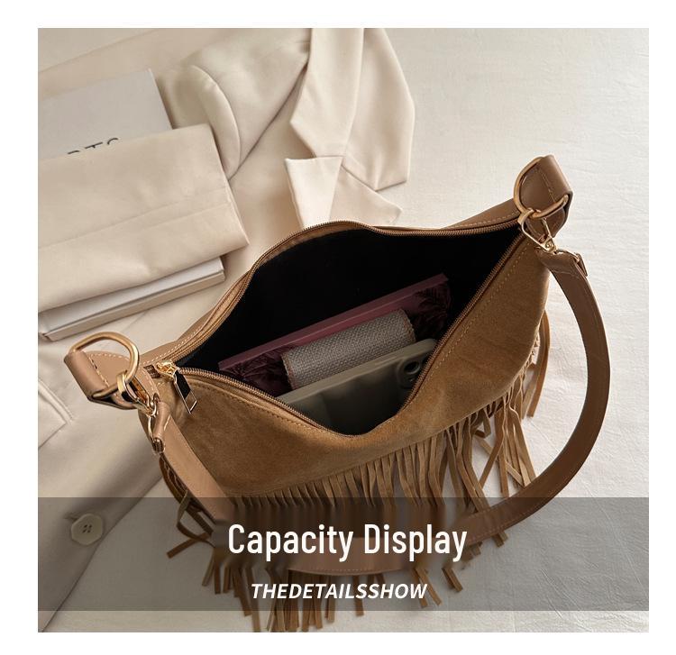 Women's Vintage Suede Tassel Crossbody Bag - Retro Frosted Shoulder Accessory for Autumn/Winter