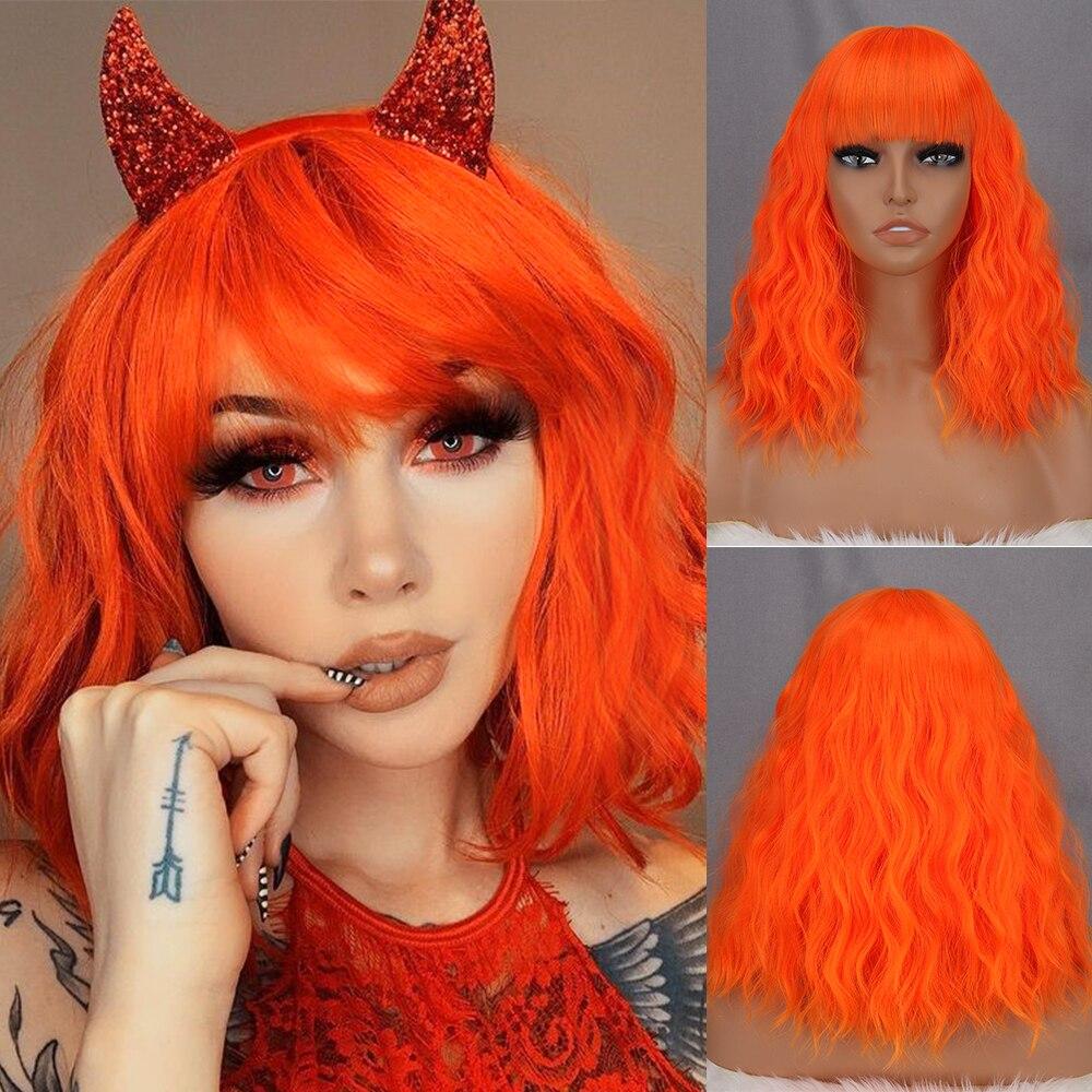 MERISIHAIR Parrucca corta ondulata Bob con frangia Colore rosso rosa Moda donna Lunghezza spalla Parrucca ondulata naturale in fibra sintetica Cosplay