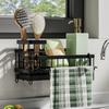 Sink Organizer with Towel Rail Double Compartment Storage Rack Removable Drain Tray Rust-Proof Iron Kitchen Caddy for Sponges Brushes Dishcloths