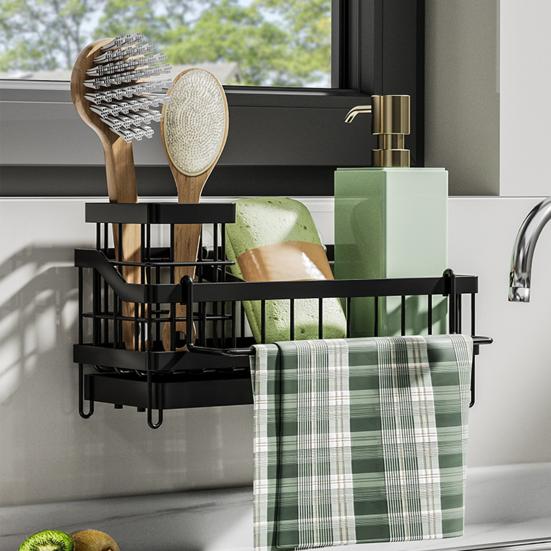 Sink Organizer with Towel Rail Double Compartment Storage Rack Removable Drain Tray Rust-Proof Iron Kitchen Caddy for Sponges Brushes Dishcloths