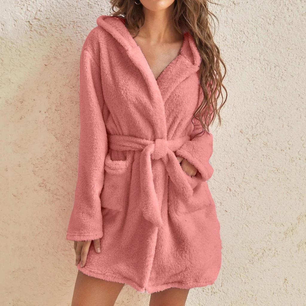 Women's Plush Hooded Bathrobe - Solid Color, Warm Pajamas for Autumn and Winter