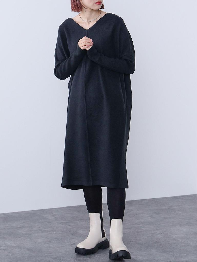 Beams Heart Women's Knit Dress with Mixed Material Cut, Black, One Size