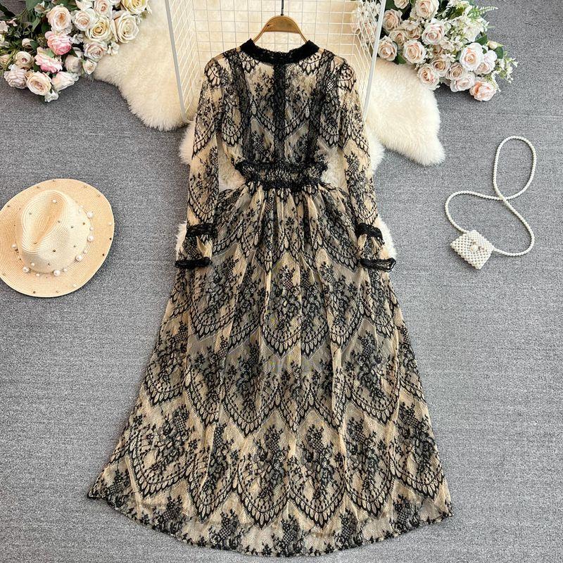 

Long Sleeves Stand Collar A- line Dress Elegance Wide Hem Lace Black L