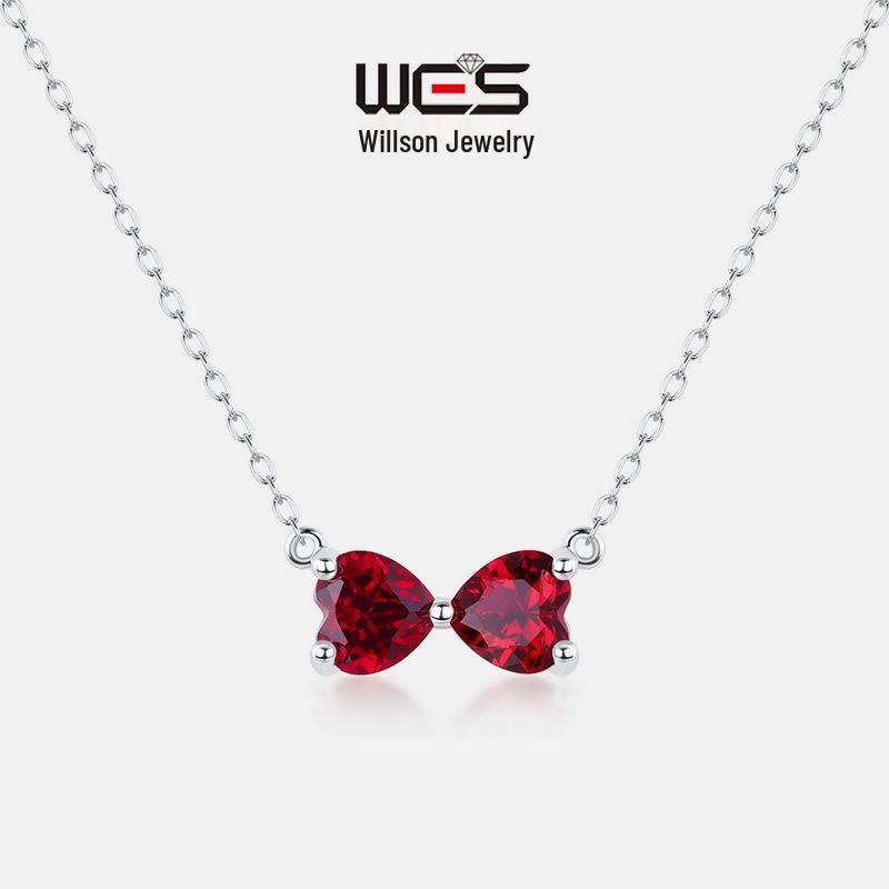 

European & American Fashion Cultured Ruby Bow Necklace with S925 Silver Gemstone Clavicle Chain S925 Silver