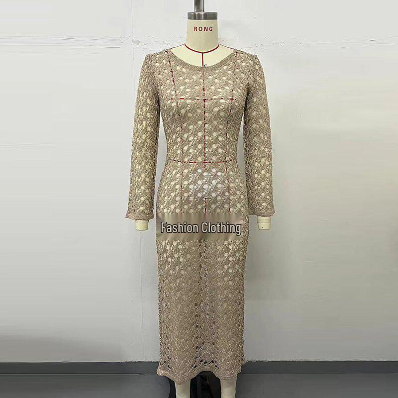 Women's Sexy Hollow Long-Sleeve Round Neck Vacation Beach Cover-Up Dress