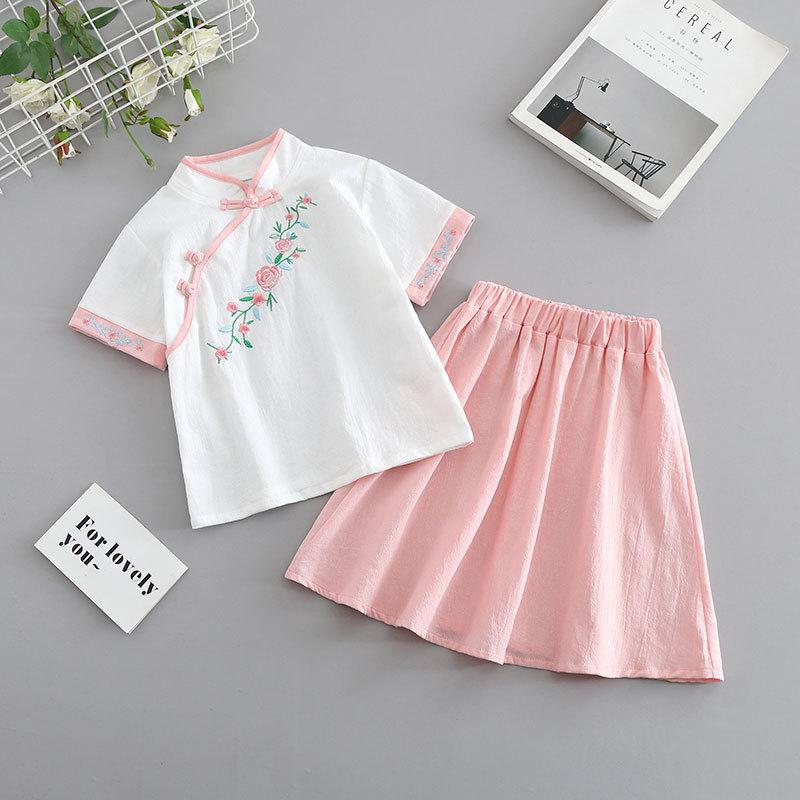Kız Çocuk Yabancı Stil Retro Çin Stili Hanbok Takımı Küçük Kız Çiğsam Yarım Etek Yaz İki Parça Takım