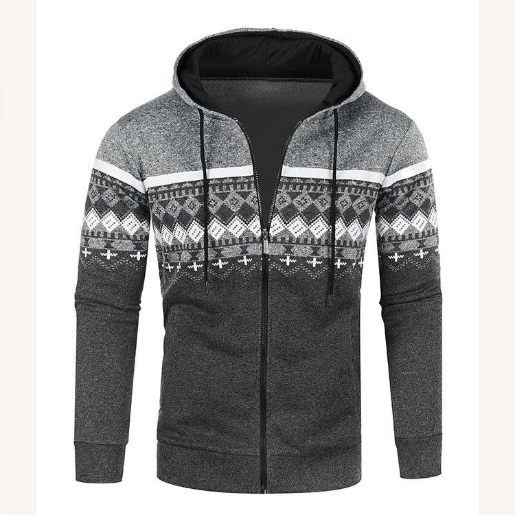 Men's Ethnic Style Hooded Knit Cardigan: Casual, Loose, Slim-Fit, Thin Fleece Sweater with Printed Design