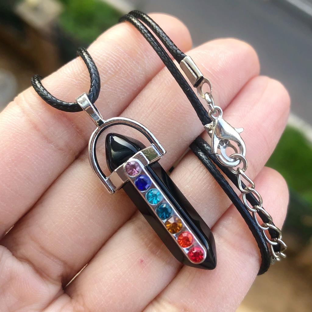 7 Chakra Healing Crystal Necklaces, Natural Hexagonal Chakra Crystal Gemstone Pendant Necklaces, Pointed Quartz Stone Jewelry