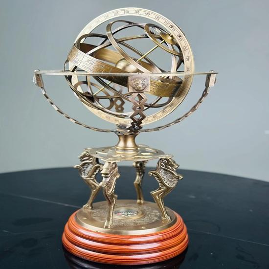 45.72 Cm Brass Armillary Sphere Globe Astrolabe Zodiac Engraved Wooden Base with Working Direction Compass Nautical Best Gift Decorative Item
