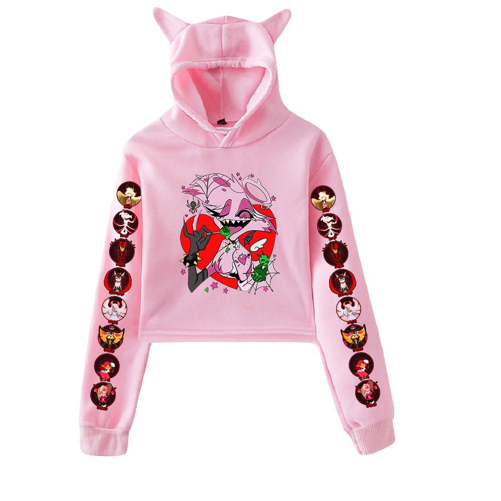 Women Crop Top Hoodie Casual Long Sleeve Hazbin Hotel Cartoon Print Hooded Short Sweatshirt Sexy Crop Sweaters