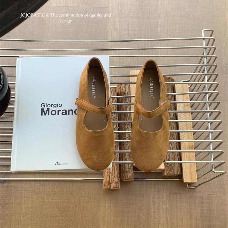 French retro suede ballet single shoes women's 2025 autumn new Korean version one-word strap flat Mary Jane women's shoes