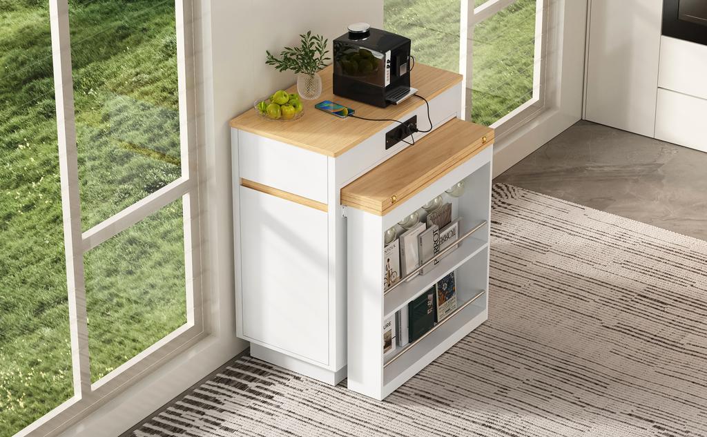 Kitchen Island with Casters, Extendable Dining Table with Foldable Tabletop, Power Strips and Hooks, Sideboard or Bar Table for Dining Room (White)