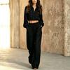 1116 Autumn New European and American Style Lapel Cropped Shirt Large Pocket Elastic Waist Wide-Leg Pants Two-Piece Set