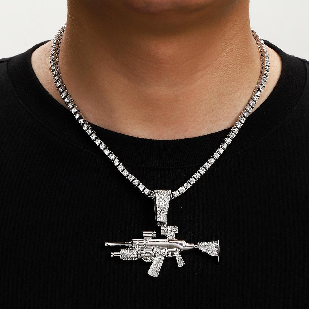 Diamond Gun Jewelry Alloy Simulation Ak Weapon Model Flash Diamond Jewelry Hip Hop Men'S Necklace Full Diamond