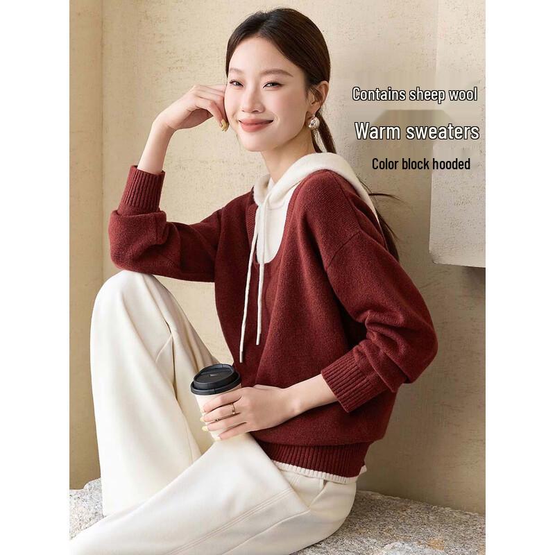 

Women s 2025 Winter Wool Blend Hooded Color Block Sweater L