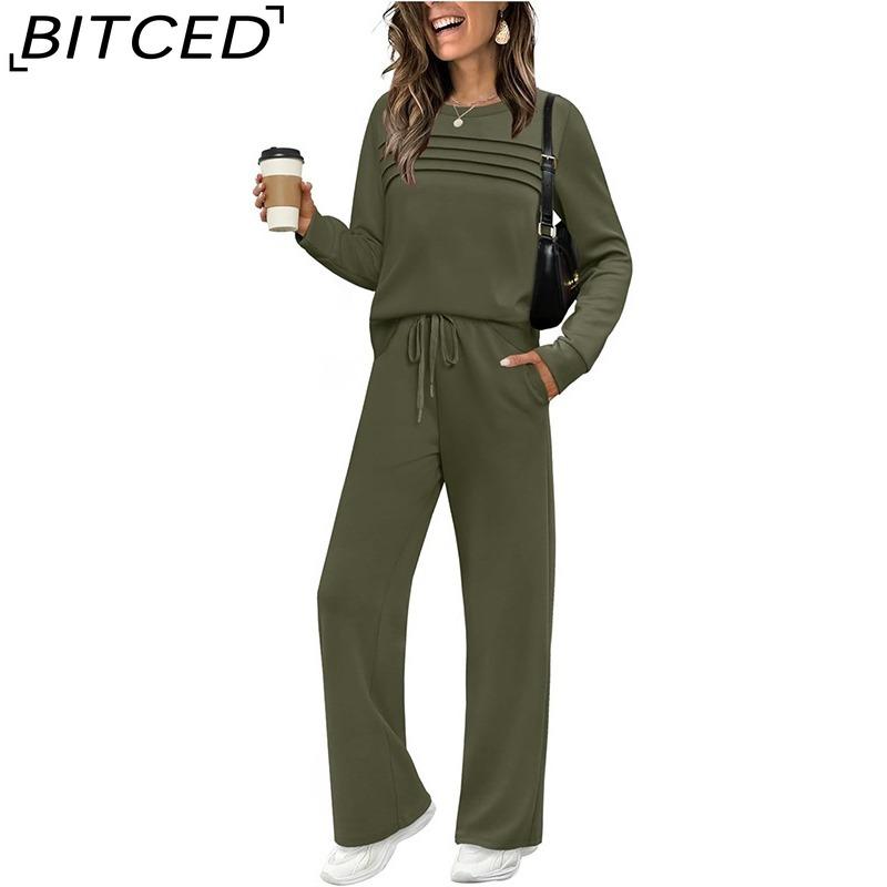 Autumn Ladies' Set: Long-Sleeved O-Neck Sweatshirt with Casual Elasticated Waist Trousers and Wide-Leg Pants