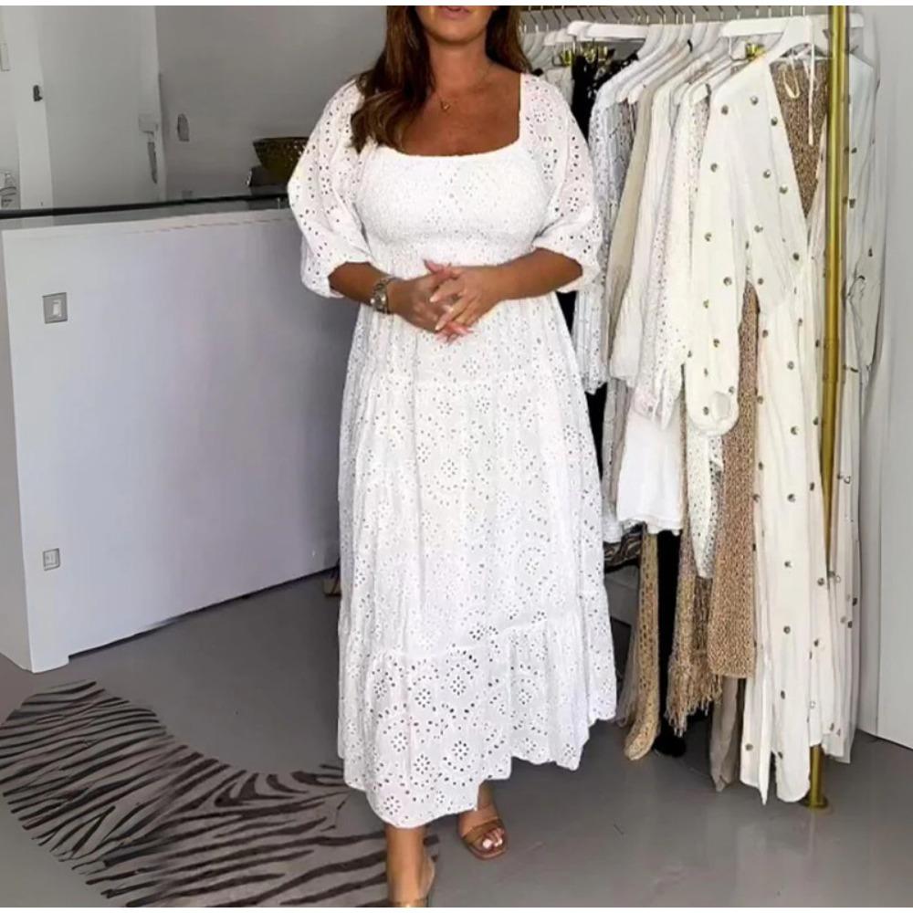 

HNXC Женские модные летние весенние платья кэжуал с принтом однотонного цвета, рукавом 3/4 и U-образным вырезом XXXL белый