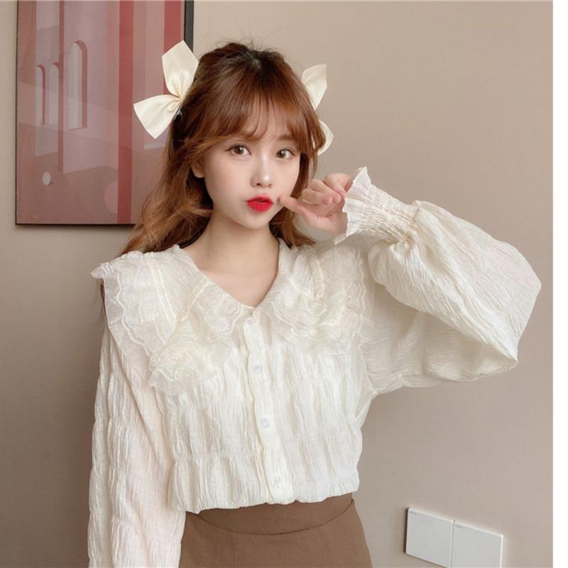 

Puff Sleeve Shirt Women s Tops Women s Bottoming Shirt Thin Lace Chiffon Shirt Long Sleeve Spring and Autumn Small People XL абрикосовий