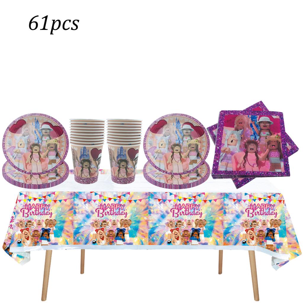 Pink Robloxed Theme Birthday Party Decorations Tableware Set Balloons Cups Plates Banner Backdrop Girls Baby Shower Supplies for Round Sensory 3