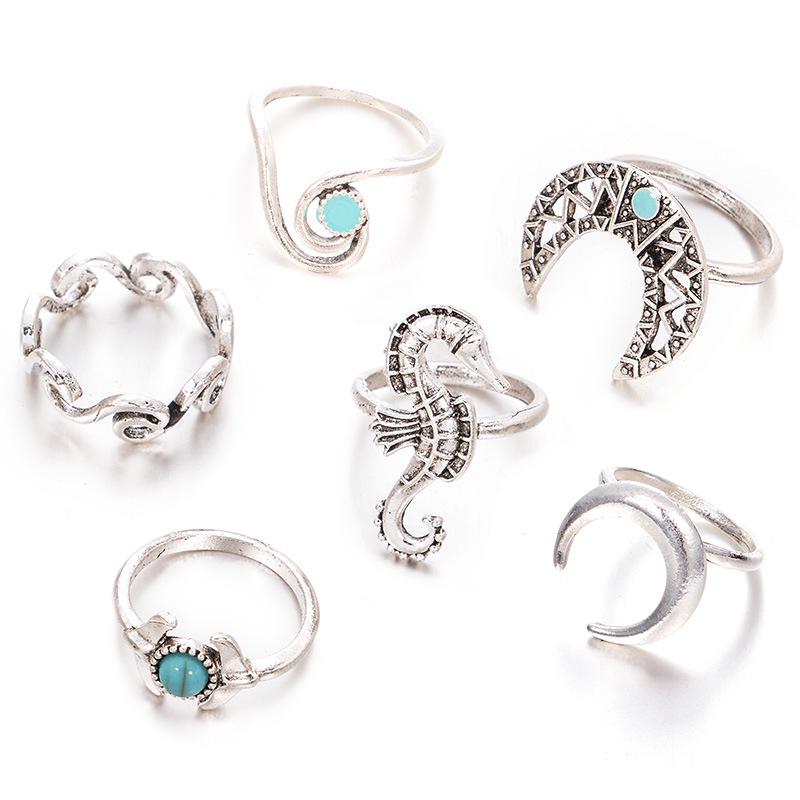 Exaggerated Seahorse & Moon Turquoise 6-Piece Ring Set