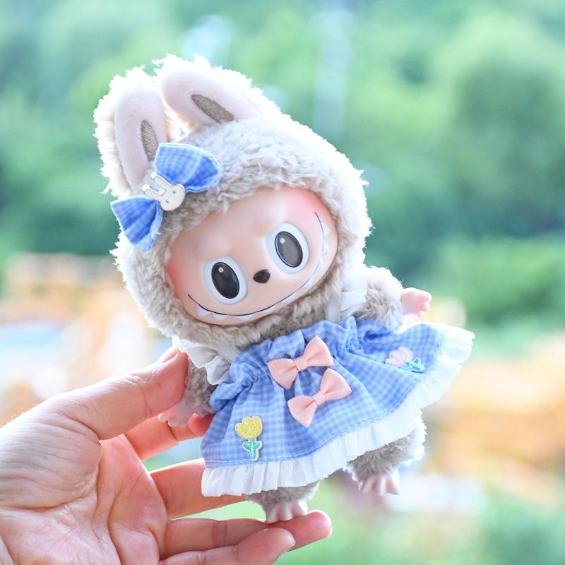 Only Clothes, Excluding Dolls, Blind Box 17cm Pendant Accessories, Canvas Clothes, Blue Checkered, Camisole Skirt, Keychain, Labubu Doll Dress