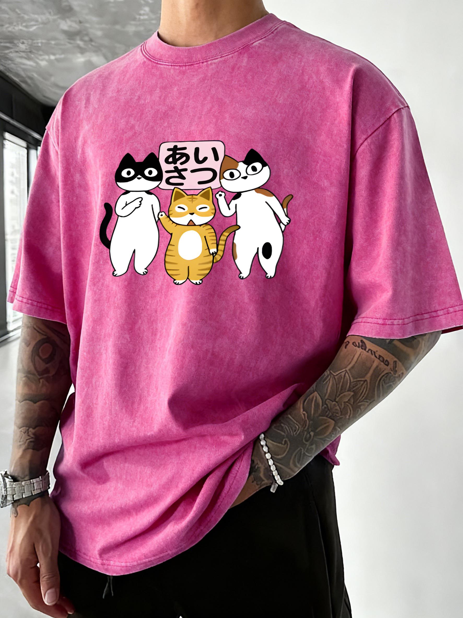 

Three Cartoon Cats Prints Washed TShirt Men Summer Cotton T Shirts Breathable Soft Streetwear Trendy Loose Male Clothing S