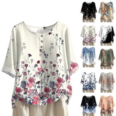 Women's Fashionable And Casual Shirt Half-sleeve Round Neck Print Cotton And Linen Blouse Top