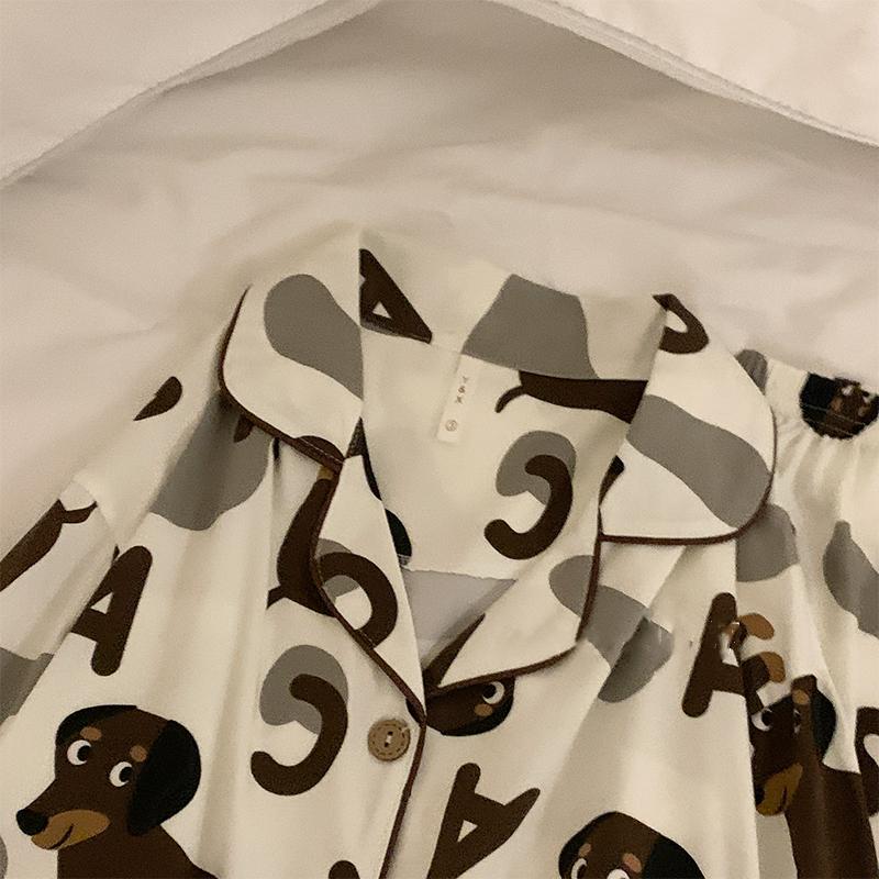 Spring Autumn Long Sleeve Women's Pajamas Set Cute Dachshund Print Cotton Two Pieces Full Length Pants Loose