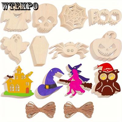 60 szt. Halloweenowe Wycinanki z Drewna do Rękodzieła DIY, Wstępnie Nawiercone Drewniane Halloweenowe Dekoracje do Zawieszenia, Różne Kształty