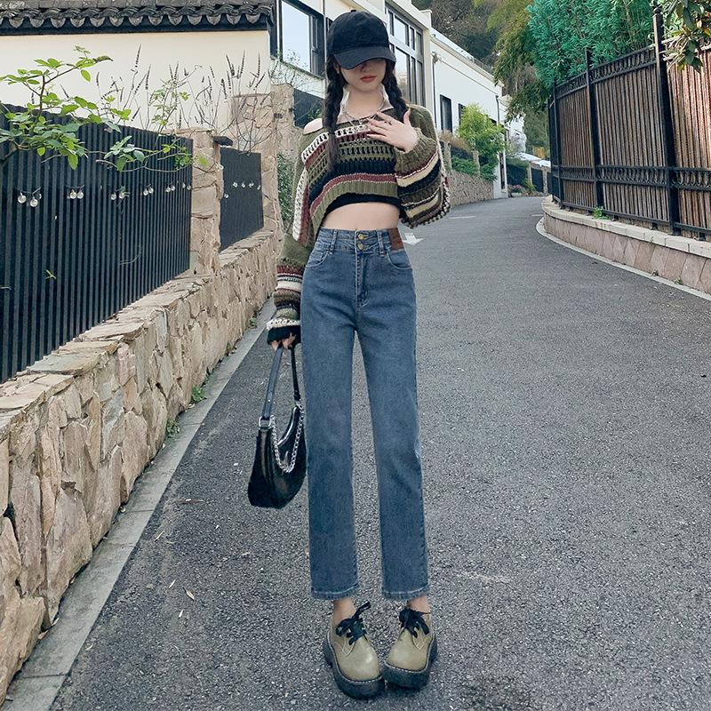 

Women s Retro Blue Slimming Elastic Cigarette Jeans - Small Size, Straight Leg, Early Autumn 2024 2XL (136-145 jin)