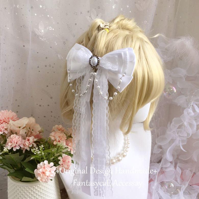 Gothic Lolita Rhinestone Lace Bow Hair Clip weiß